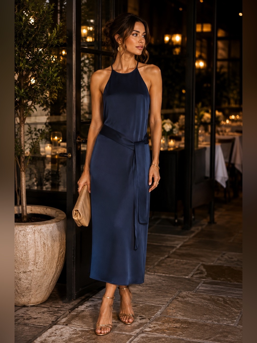 NWT Halston Heritage Navy Halter Midi Slip Dress with Waist Tie
